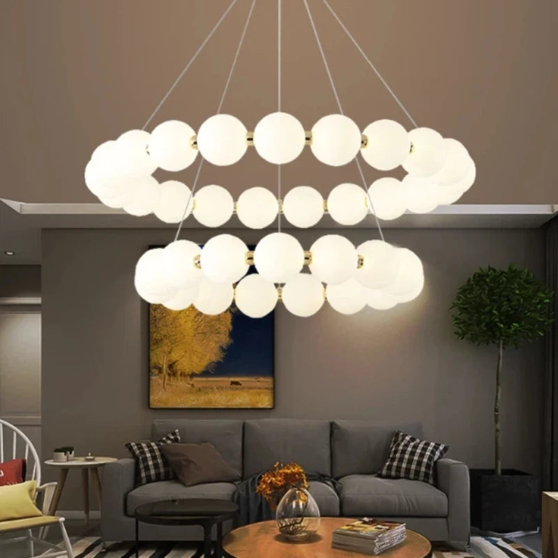 Nordic Modern Luxury LED Chandelier - Cream Pearl Circle Pendant Light for Living Room, Dining & Bar