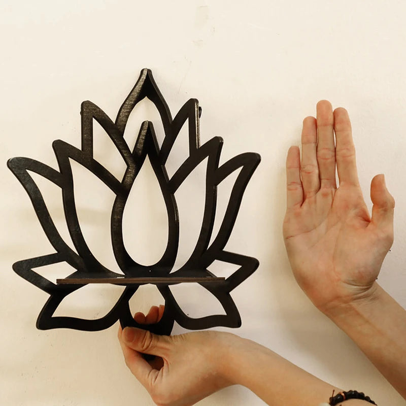 Wooden Lotus Hollow Decorative Rack - Wall Mounted Corner Shelf for Aromatherapy, Essential Oil and Candle Holder
