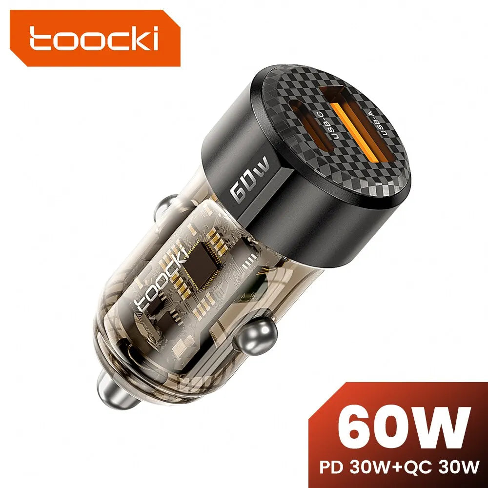 Toocki 60W Car Charger - Transparent PD 27W Fast Charger for iPhone 15/14/13/12, Xiaomi, Poco and Samsung