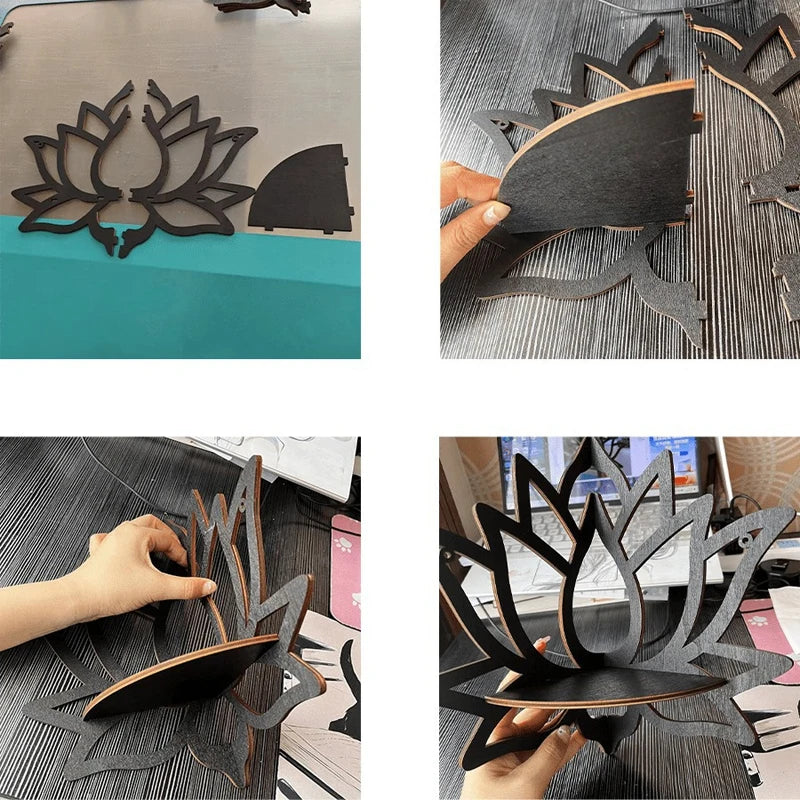 Wooden Lotus Hollow Decorative Rack - Wall Mounted Corner Shelf for Aromatherapy, Essential Oil and Candle Holder