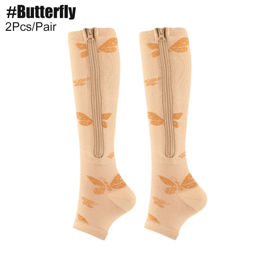 Zipper Compression Socks for Women and Men - Calf Knee High 15-20mmHg Open Toe Compression Stockings for Walking