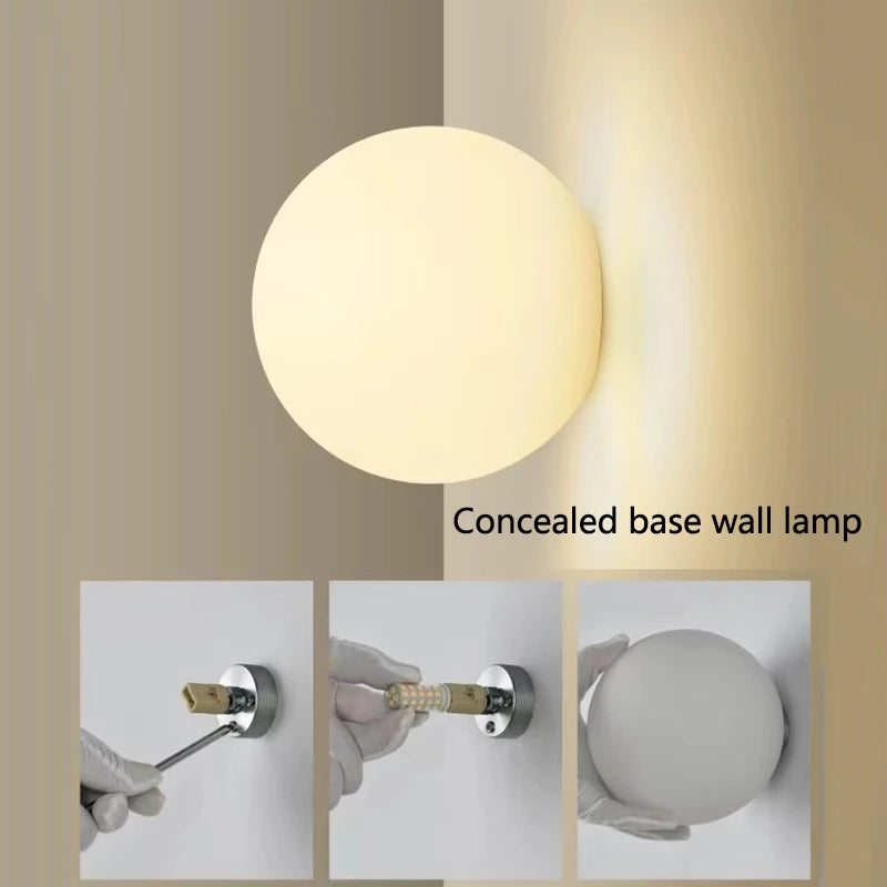 Concealed Base Glass Wall Lamp - French Bauhaus Milky White Round Ball Light for Bedside & Bathroom Mirror