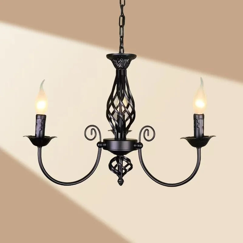 European Style Black Iron Chandelier, E14 Bulb LED Lamp, Indoor Restaurant Aisle Ceiling Lustre Lighting