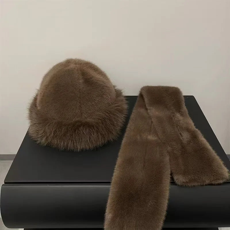 Luxury Faux Fur Hat & Scarf Set Warm Elegant Versatile Winter Wear for Cold Commute High-End Holiday Party