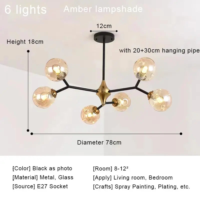 Nordic Glass Ball Modern LED Ceiling Chandelier Pendant Light for Living Room, Bedroom & Kitchen