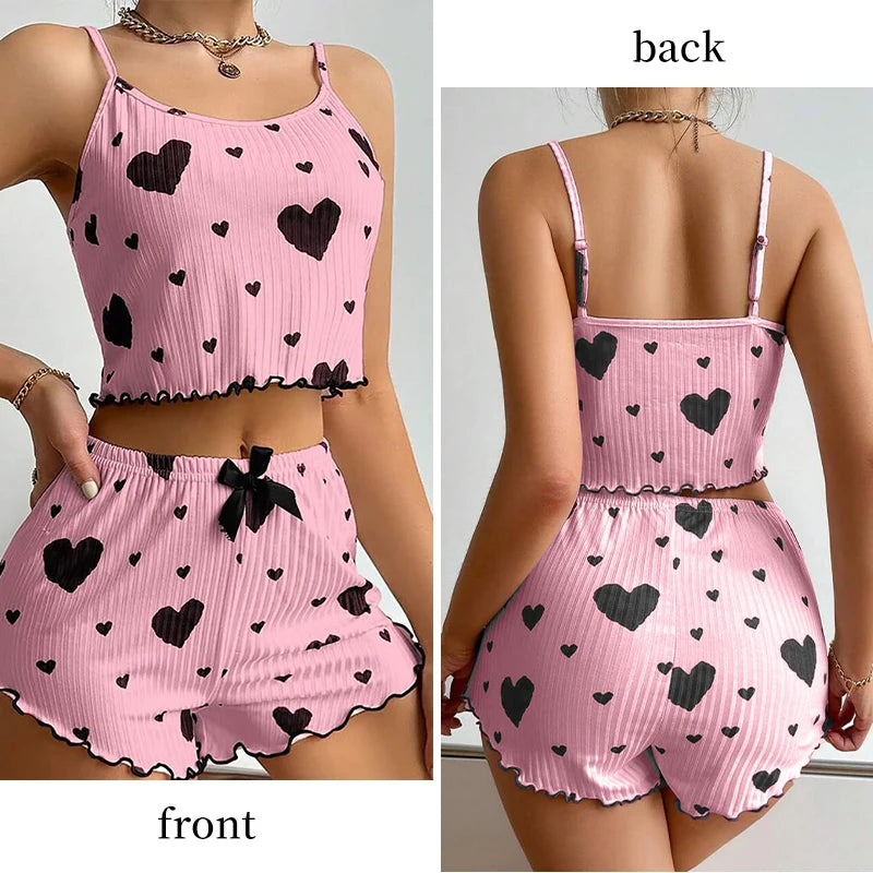 Women's Pajamas Set Sleepwear - White Short Tank Top and Shorts, Soft Breathable Casual Sleepwear with Print