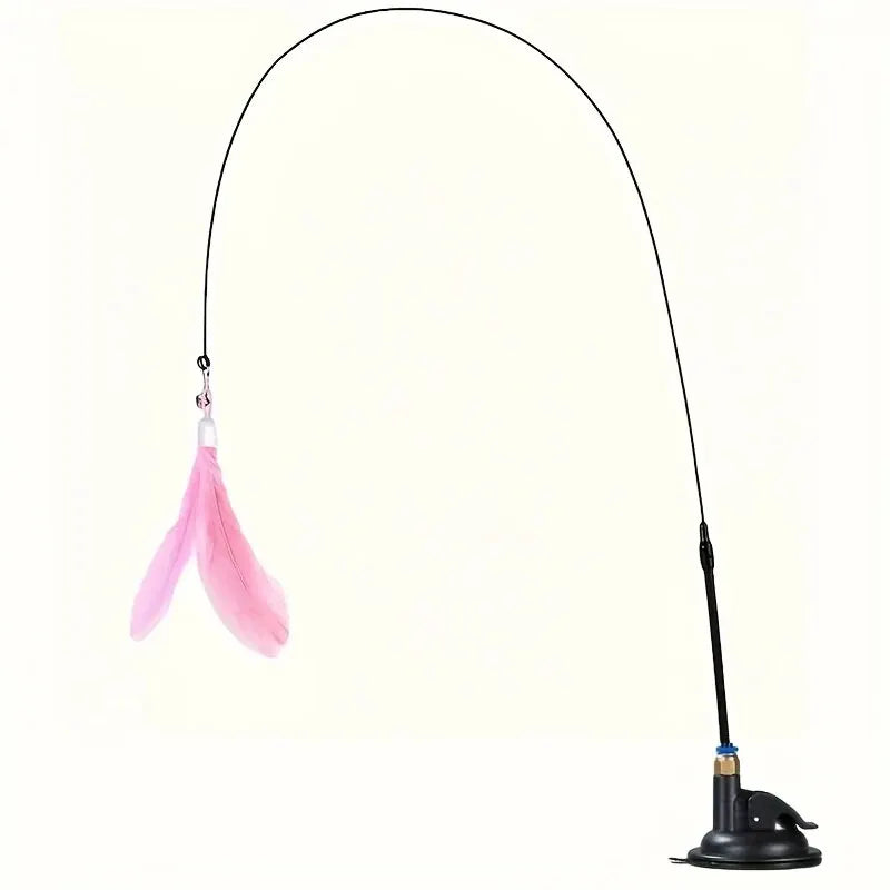 Interactive Cat Teaser Toy with Bell & Feather Wand, Long Suction Cup Pole for Playtime