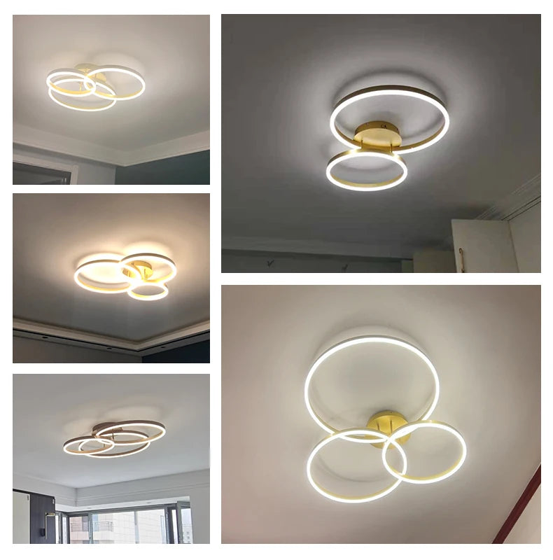 Household Gold LED Chandelier 3-Ring Metal Lamp for Bedroom Living & Dining Room Brown Glossy Indoor Home Lighting