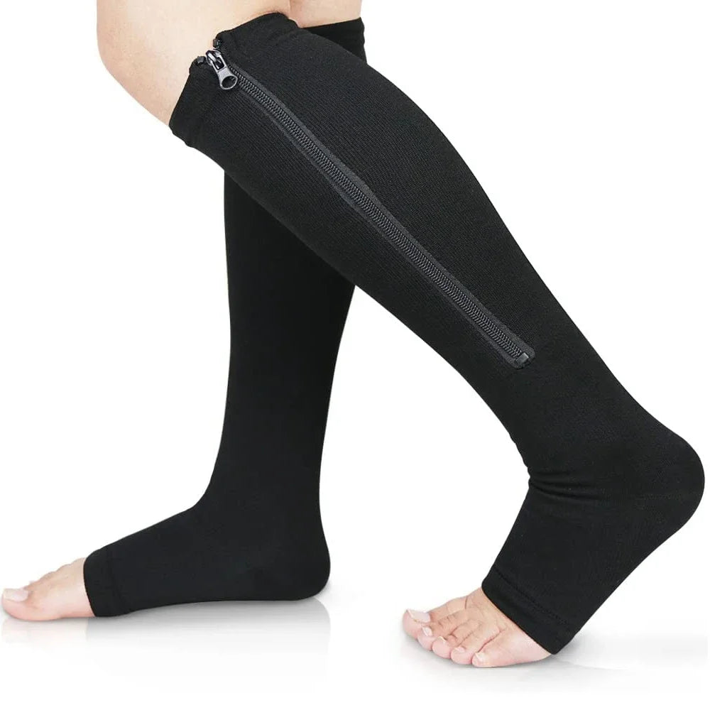 Zipper Compression Socks for Women and Men - Calf Knee High 15-20mmHg Open Toe Compression Stockings for Walking