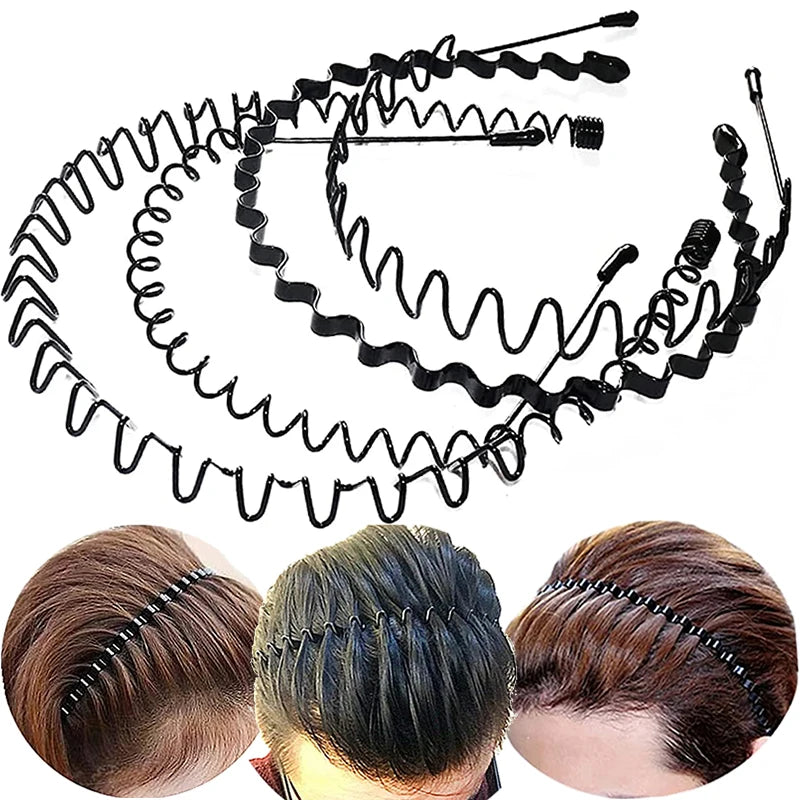 Unisex Black Metal Wavy Headband - Invisible Non-Slip Sports Hairband and Bangs Holder Hair Accessory