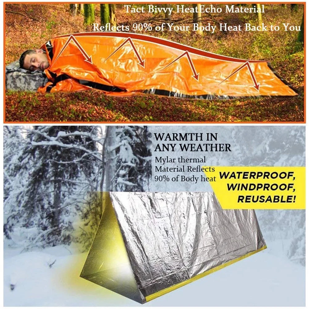 Waterproof Emergency Survival Sleeping Bag - Thermal Mylar Blanket for Outdoor Camping Gear and First Aid Rescue Kit
