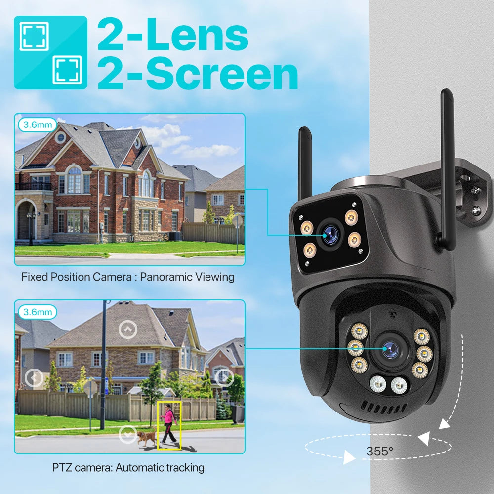 4K 8MP HD WiFi PTZ Camera Outdoor Dual Lens Dual Screen AI Auto Tracking IP CCTV Camera Audio Video Surveillance P2P iCSee
