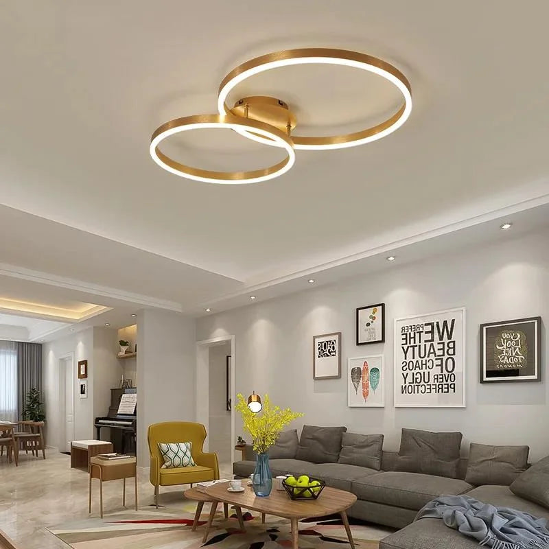 Household Gold LED Chandelier 3-Ring Metal Lamp for Bedroom Living & Dining Room Brown Glossy Indoor Home Lighting