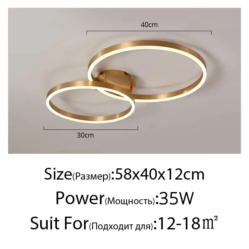 Household Gold LED Chandelier 3-Ring Metal Lamp for Bedroom Living & Dining Room Brown Glossy Indoor Home Lighting
