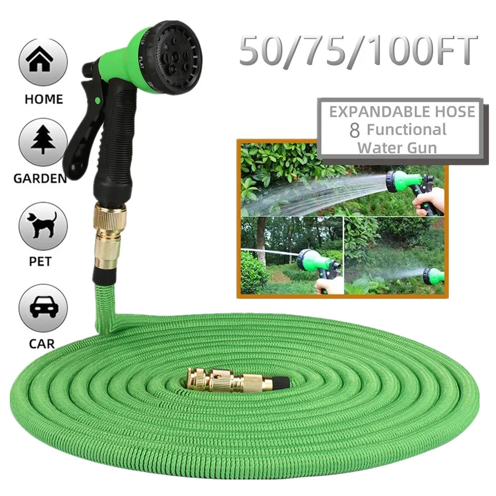 Expandable Garden Water Hose with Double Metal Connector, High Pressure PVC Magic Pipe for Irrigation & Car Wash