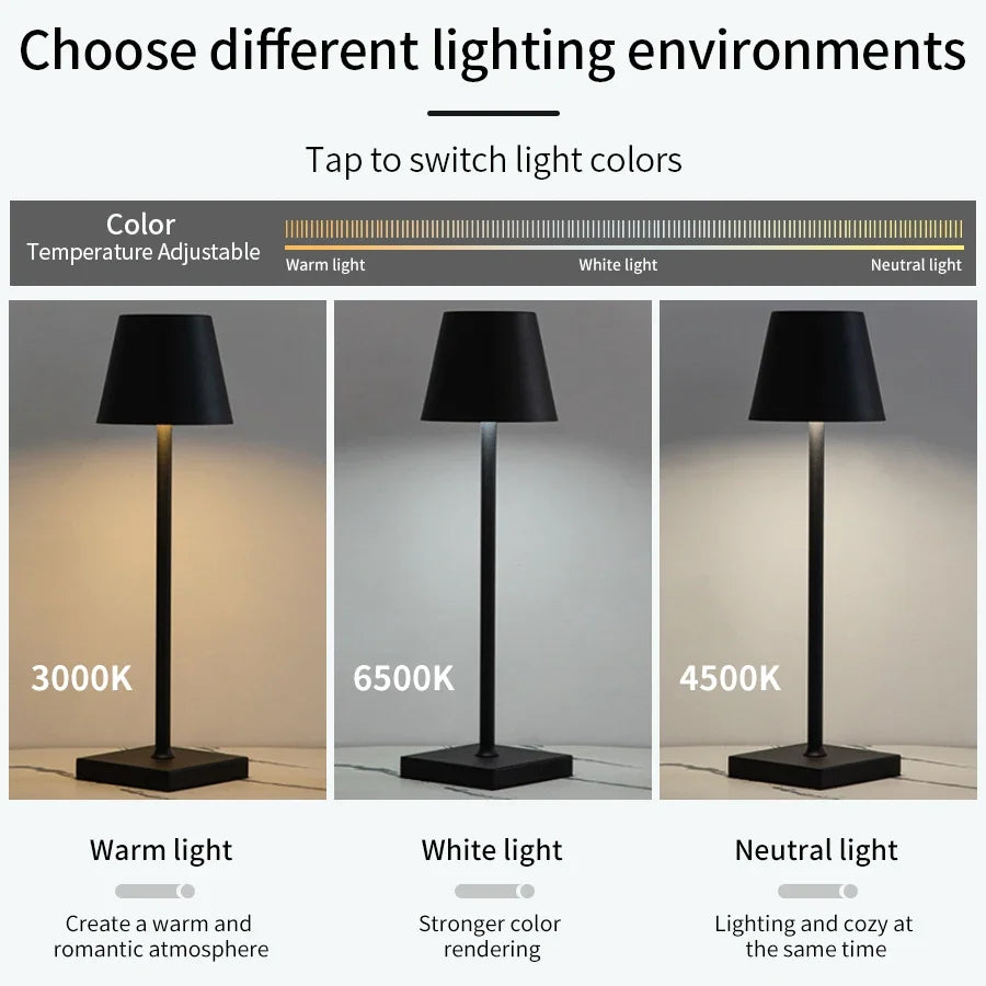 LED Desk Lamp USB Rechargeable Wireless Touch 3-Color Desktop Night Light for Bar Restaurant Creative Ambient Decor