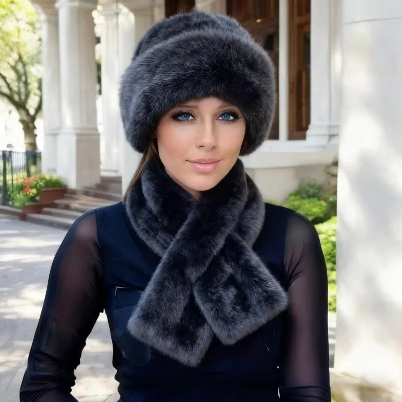 Luxury Faux Fur Hat & Scarf Set Warm Elegant Versatile Winter Wear for Cold Commute High-End Holiday Party
