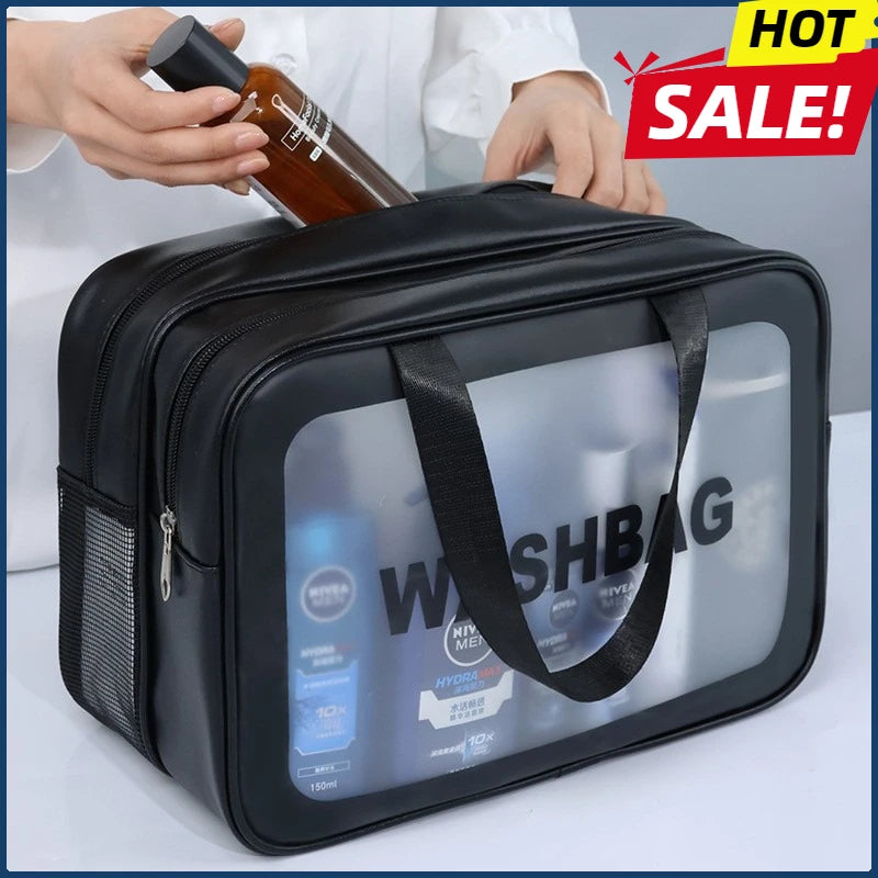 Dry-Wet Separation Transparent PU Makeup Bag, Portable Cosmetic Storage & Washing Bag for Travel Fitness Swimming