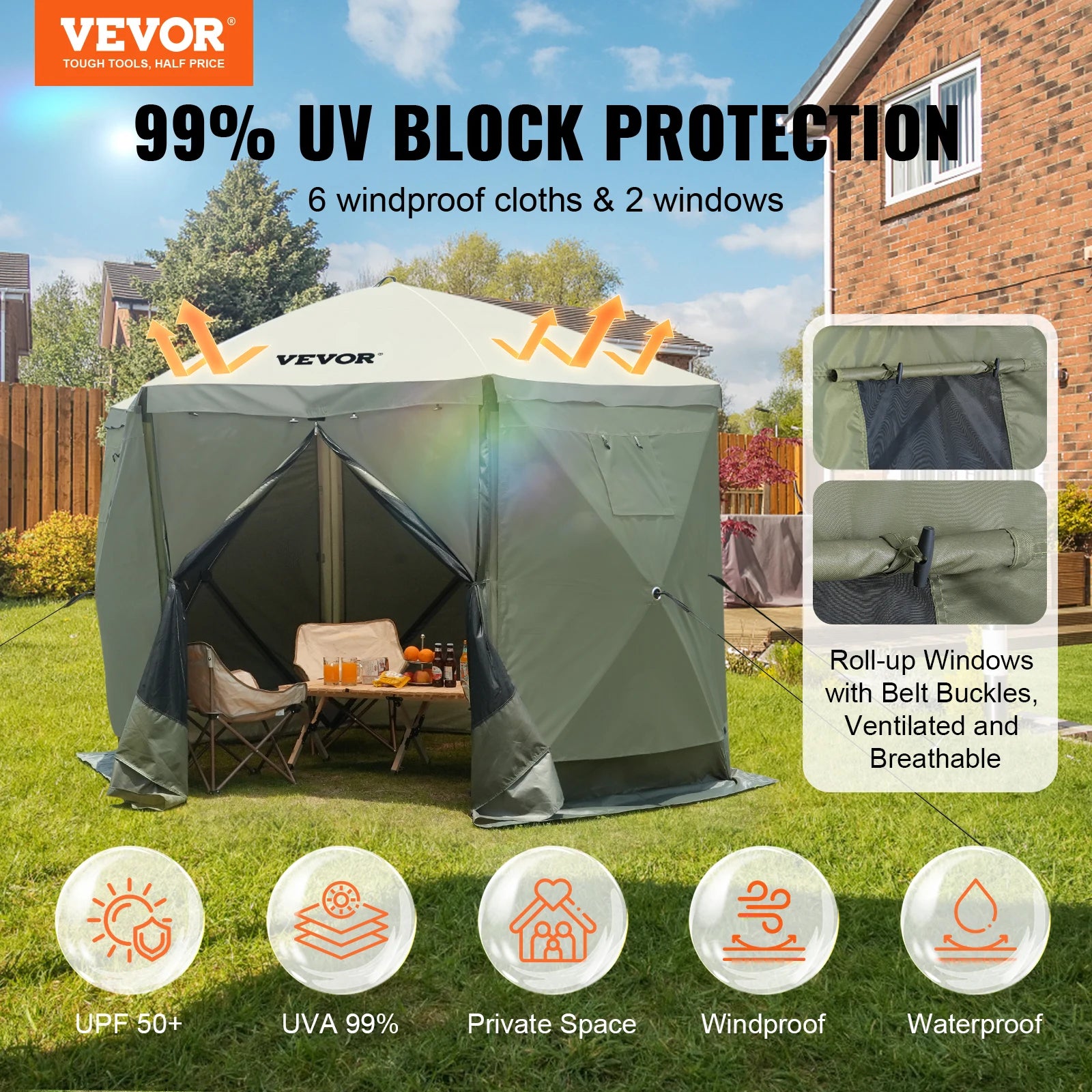 Pop-Up Gazebo Tent - Multi-Sided Screen Canopy Sun Shelter with Removable Privacy Wind Cloths and Mesh Windows