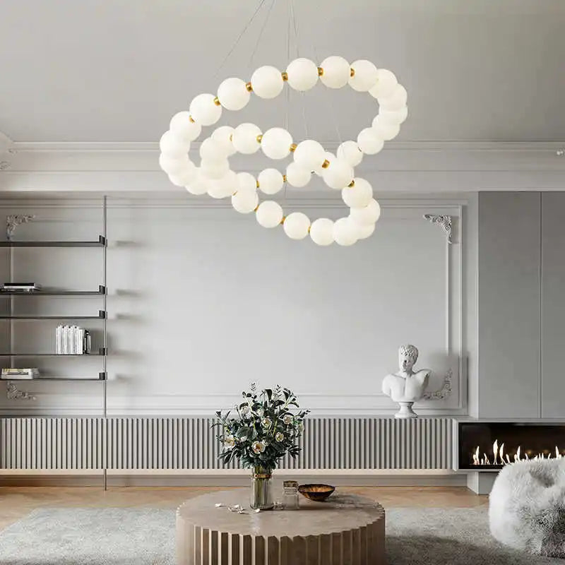 Nordic Modern Luxury LED Chandelier - Cream Pearl Circle Pendant Light for Living Room, Dining & Bar