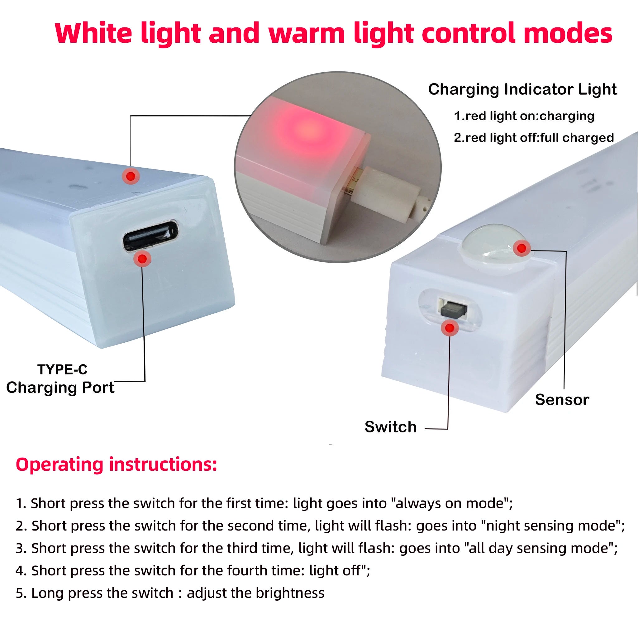 Motion Sensor Rechargeable LED Night Light - Wireless USB-C Lamp for Kitchen Cabinet, Bedroom & Staircase
