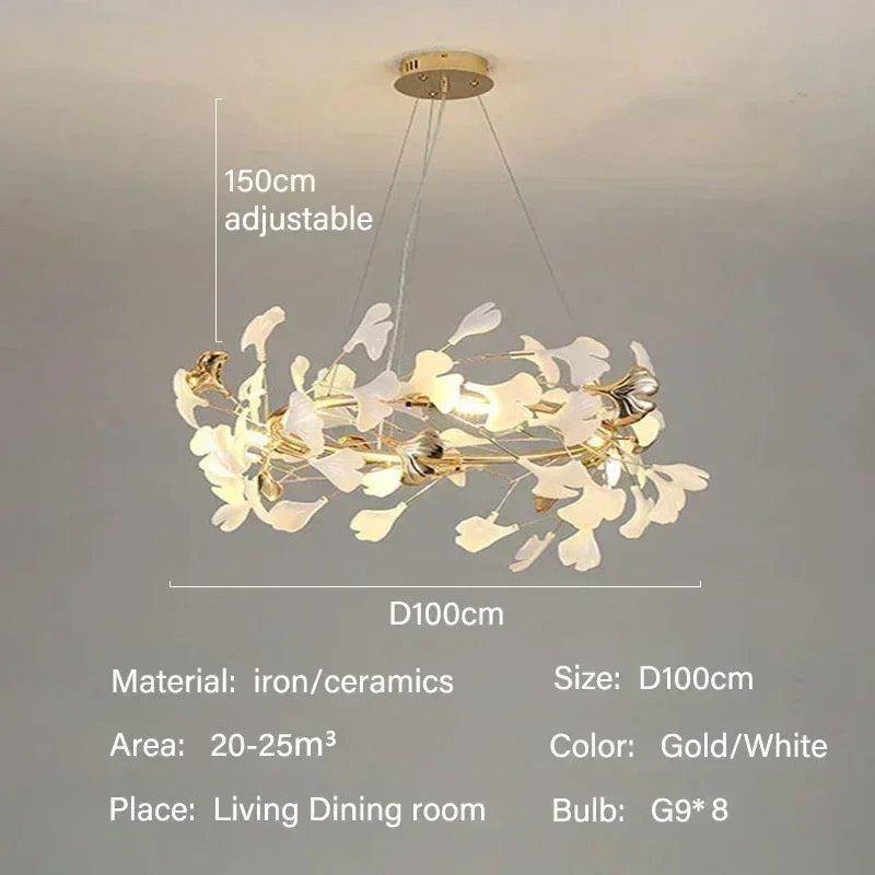 Luxury Ginkgo LED Chandelier Lustre Pendant Light for Living Dining Room Hotel Bar Hanging Fixture Decor