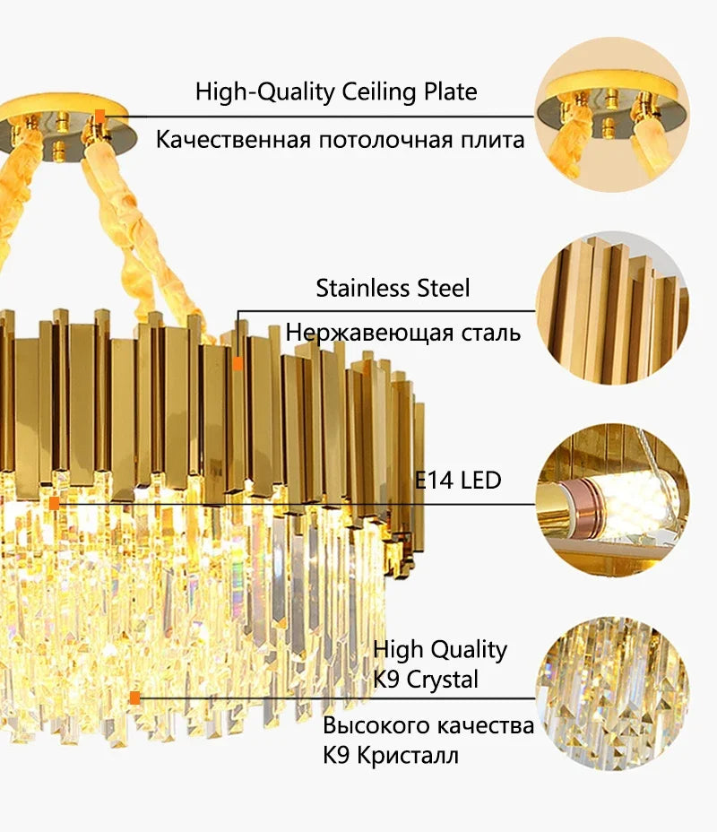 Luxury Modern Gold LED Chandelier K9 Crystal Tricolor Pendant Light for Interior Ceiling Dining & Living Room Bedroom