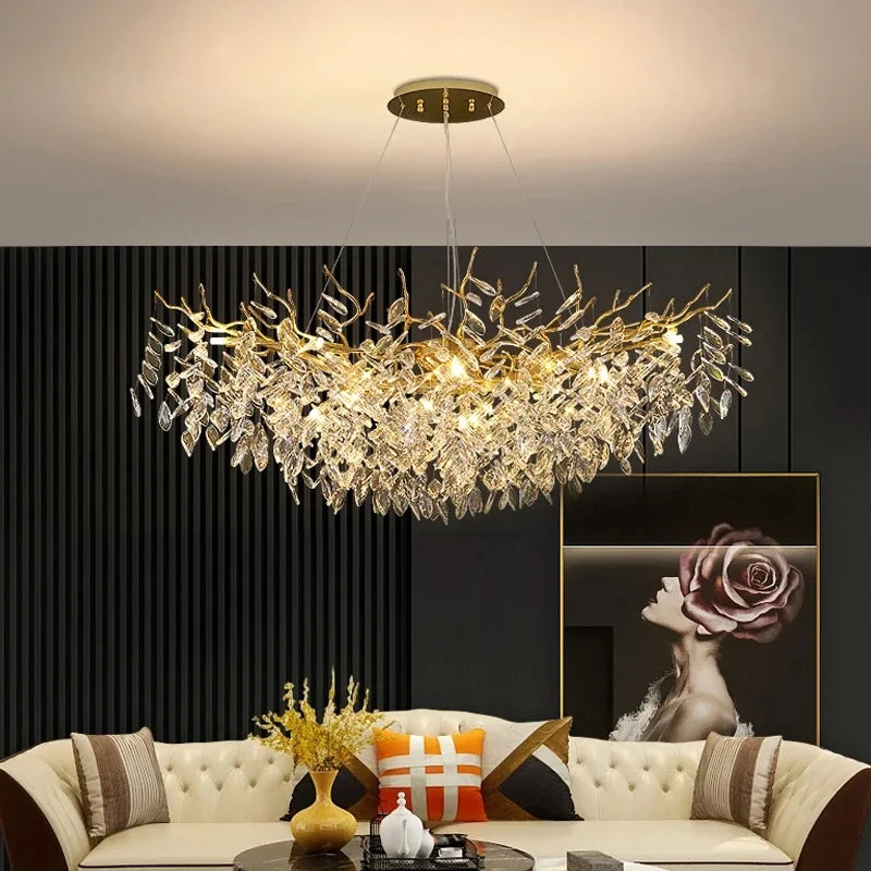 Luxury Gold Crystal LED Chandelier Lustre Ceiling Pendant Lamp for Living Dining Room Bedroom Villa Fixture