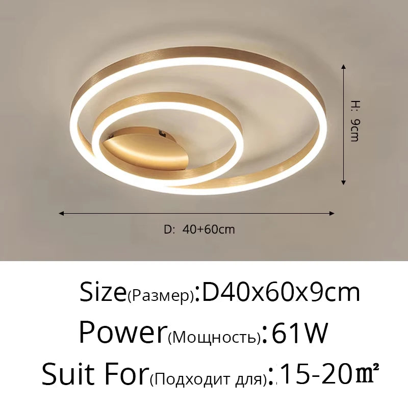 Household Gold LED Chandelier 3-Ring Metal Lamp for Bedroom Living & Dining Room Brown Glossy Indoor Home Lighting