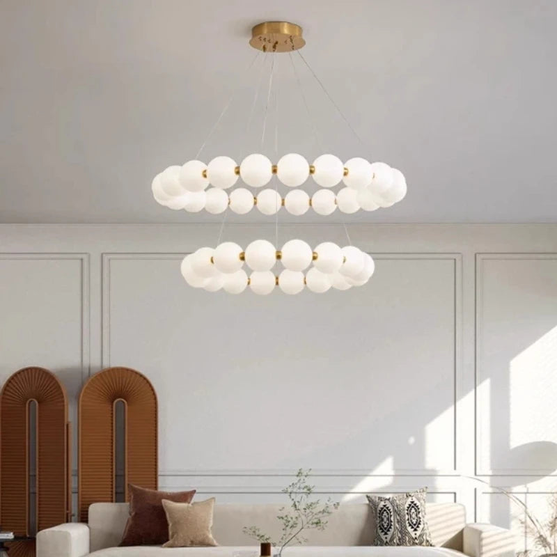 Nordic Modern Luxury LED Chandelier - Cream Pearl Circle Pendant Light for Living Room, Dining & Bar