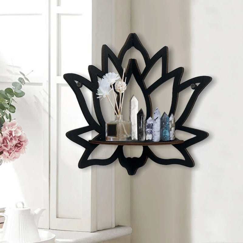 Wooden Lotus Hollow Decorative Rack - Wall Mounted Corner Shelf for Aromatherapy, Essential Oil and Candle Holder