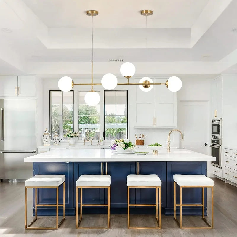 Modern Globe Linear Chandelier 6-Light Milk Glass Pendant Fixture Mid-Century Sputnik Island Lighting