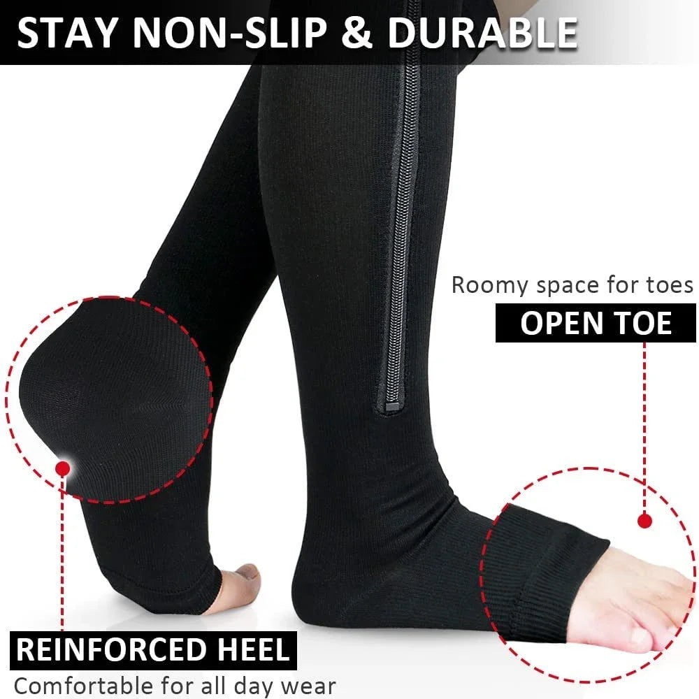 Zipper Compression Socks for Women and Men - Calf Knee High 15-20mmHg Open Toe Compression Stockings for Walking
