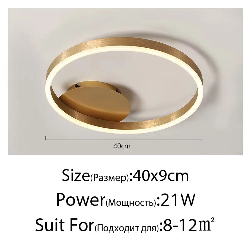 Household Gold LED Chandelier 3-Ring Metal Lamp for Bedroom Living & Dining Room Brown Glossy Indoor Home Lighting
