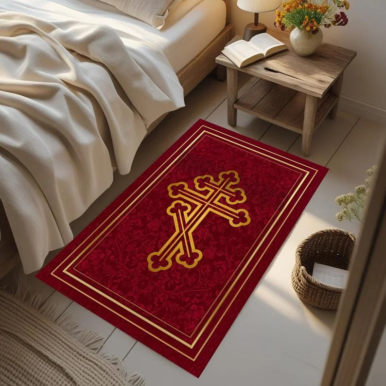 Classical Greek Key Orthodox Cross Area Rug, Christian Prayer Mat for Bedroom Home Decor