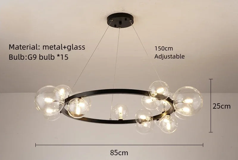 Clear White Glass Ball Chandelier, Adjustable Cord Suspension Lamp for Parlor Dining Room Bedroom with G9 Bulb