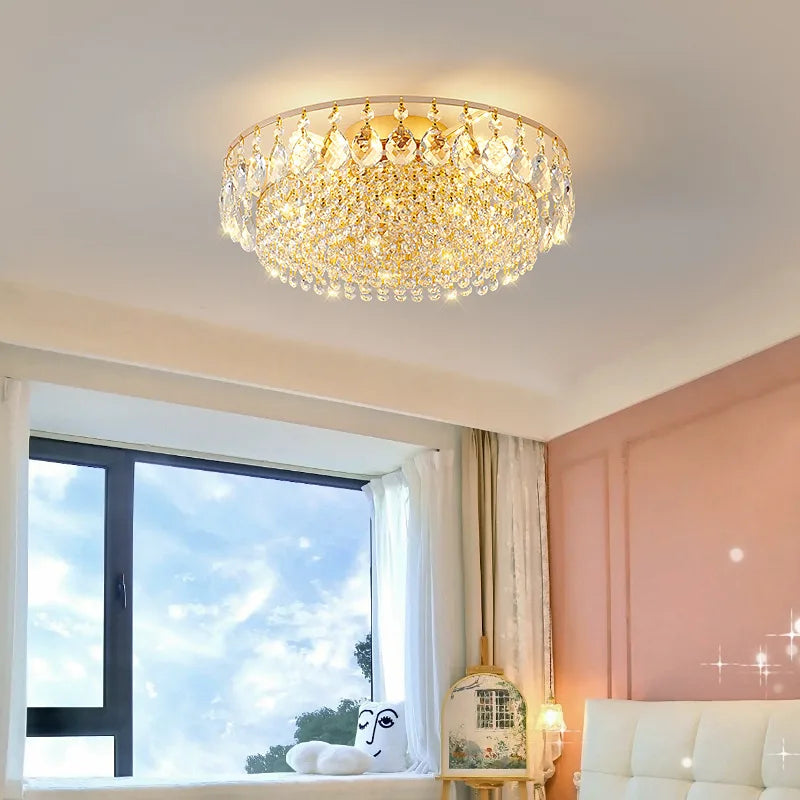 Luxury Crystal LED Ceiling Chandelier for Living Room, Gold Hanging Lamp Modern Home Decor Lustre