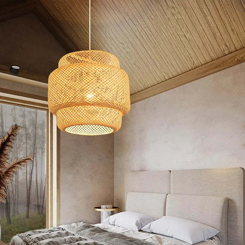 Modern Hand Woven Bamboo Pendant Light Art Chandelier Lantern for Dining Room and Bedroom