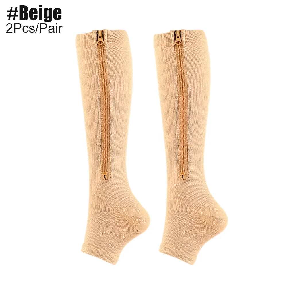Zipper Compression Socks for Women and Men - Calf Knee High 15-20mmHg Open Toe Compression Stockings for Walking
