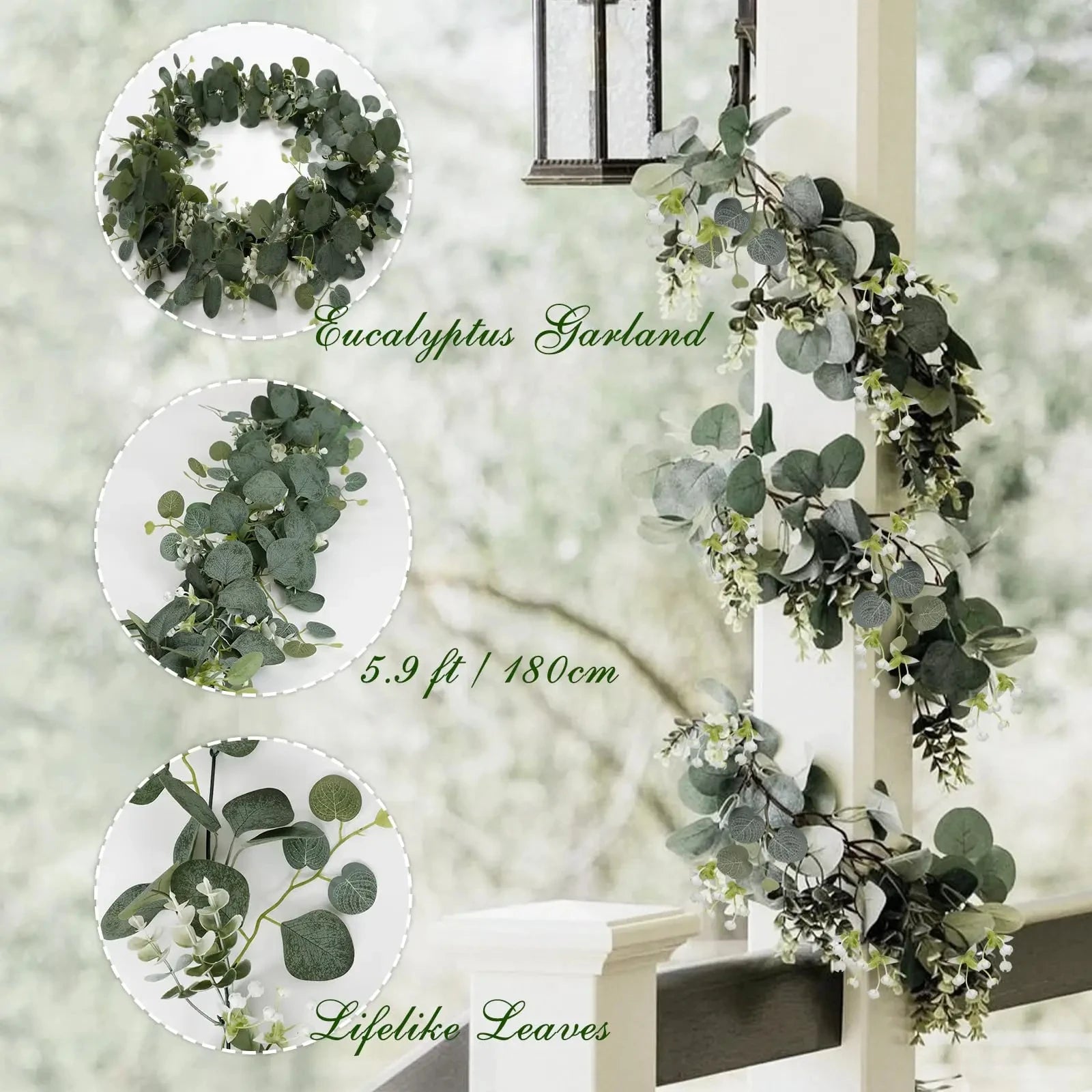 Artificial Eucalyptus Leaves Greenery Garland Faux Plant Spring Vines with White Flowers and Berries for Wedding Home Party Decor