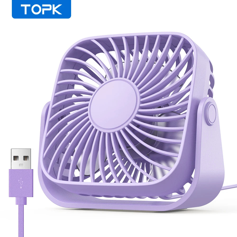 TOPK 4-Inch USB Mini Portable Fan for Camping - 3-Speed Quiet Desk Table Personal Fan with 360° Adjustment for Home