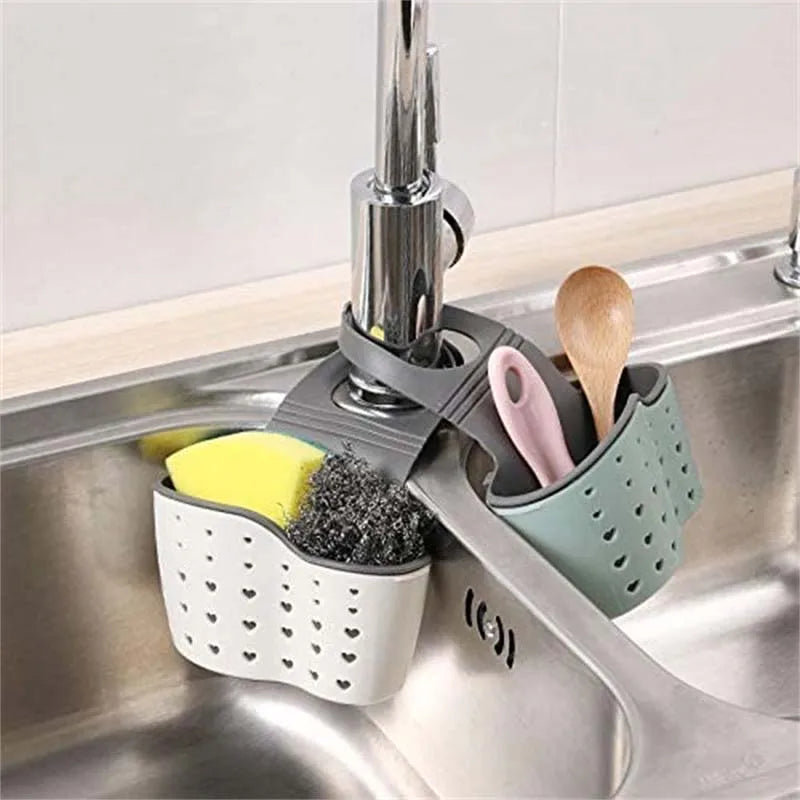 Adjustable Sink Draining Hanging Basket - Rubber Sink Bag, Soap Sponge Shelf and Faucet Holder for Kitchen and Bathroom
