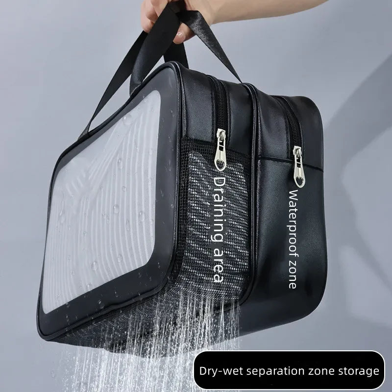 Dry-Wet Separation Transparent PU Makeup Bag, Portable Cosmetic Storage & Washing Bag for Travel Fitness Swimming
