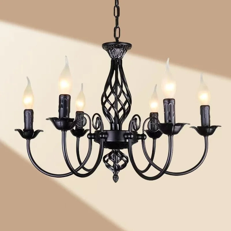 European Style Black Iron Chandelier, E14 Bulb LED Lamp, Indoor Restaurant Aisle Ceiling Lustre Lighting