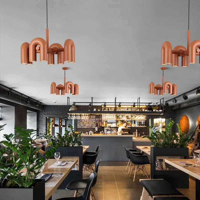 Modern Luxury U-Shaped Metal LED Pendant Light in Black & Orange for Living & Dining Room