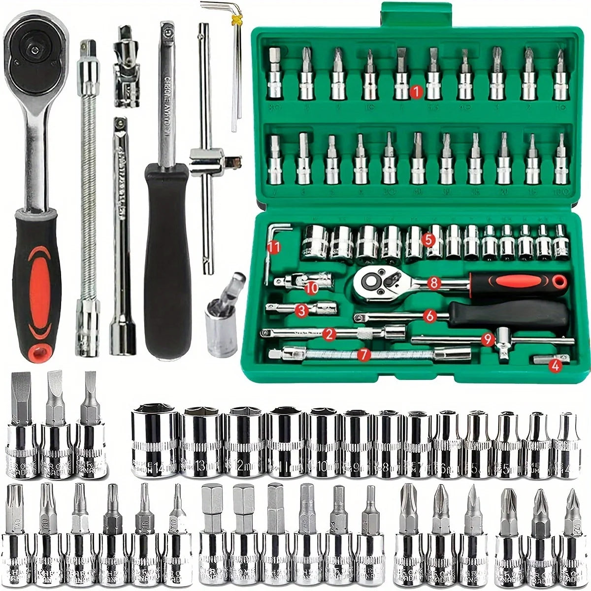 Family Mechanic Tool Kit for Auto Repair Household with Sockets Metric Hex Bit Socket Set Ratchet Wrench