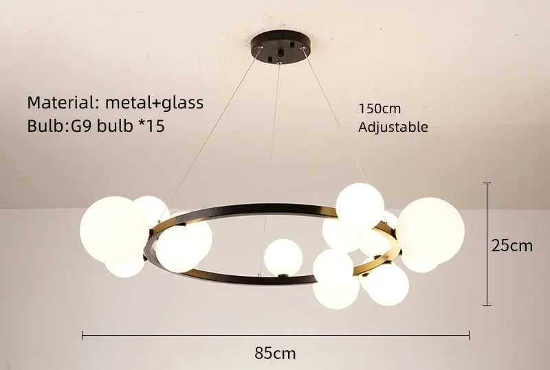 Clear White Glass Ball Chandelier, Adjustable Cord Suspension Lamp for Parlor Dining Room Bedroom with G9 Bulb