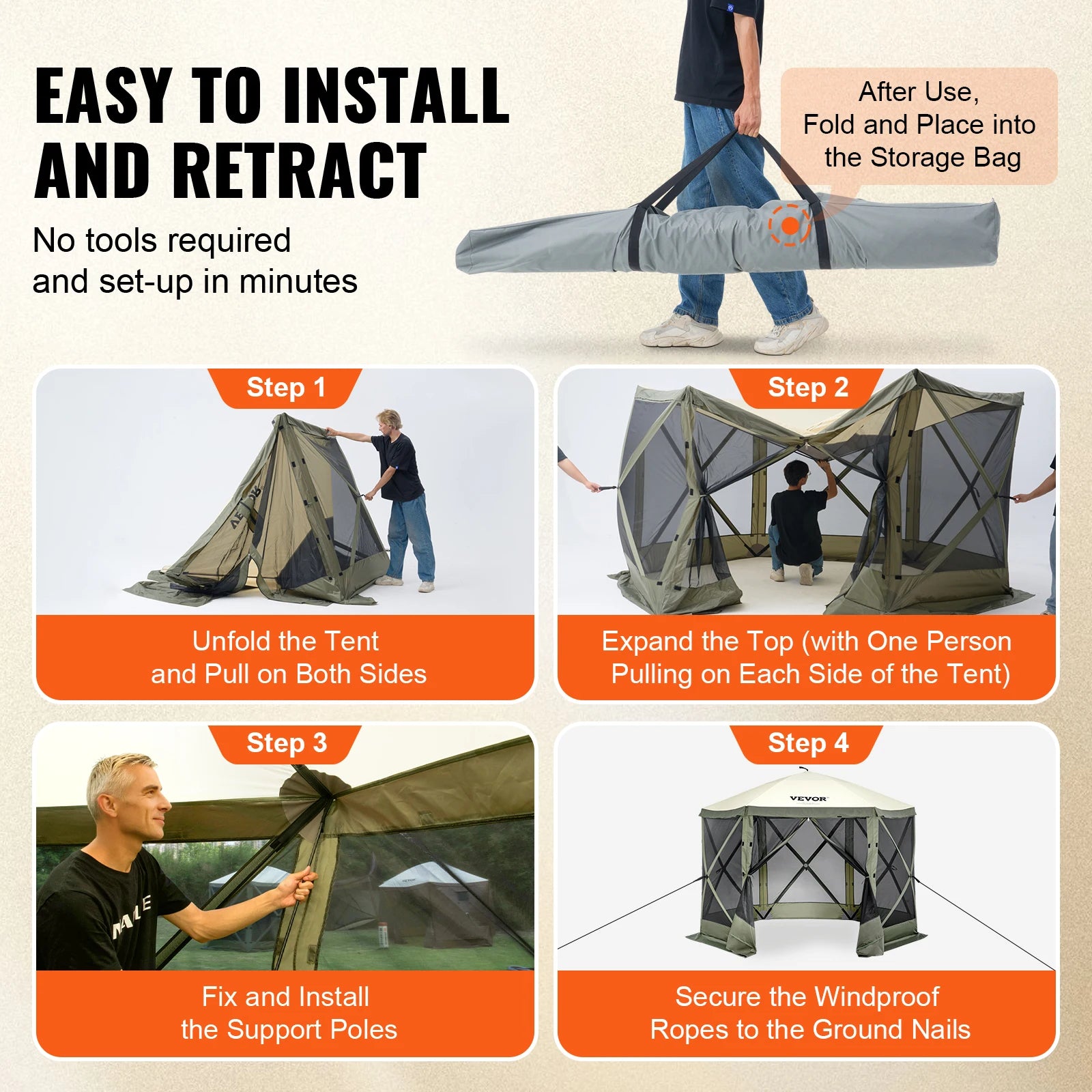 Pop-Up Gazebo Tent - Multi-Sided Screen Canopy Sun Shelter with Removable Privacy Wind Cloths and Mesh Windows