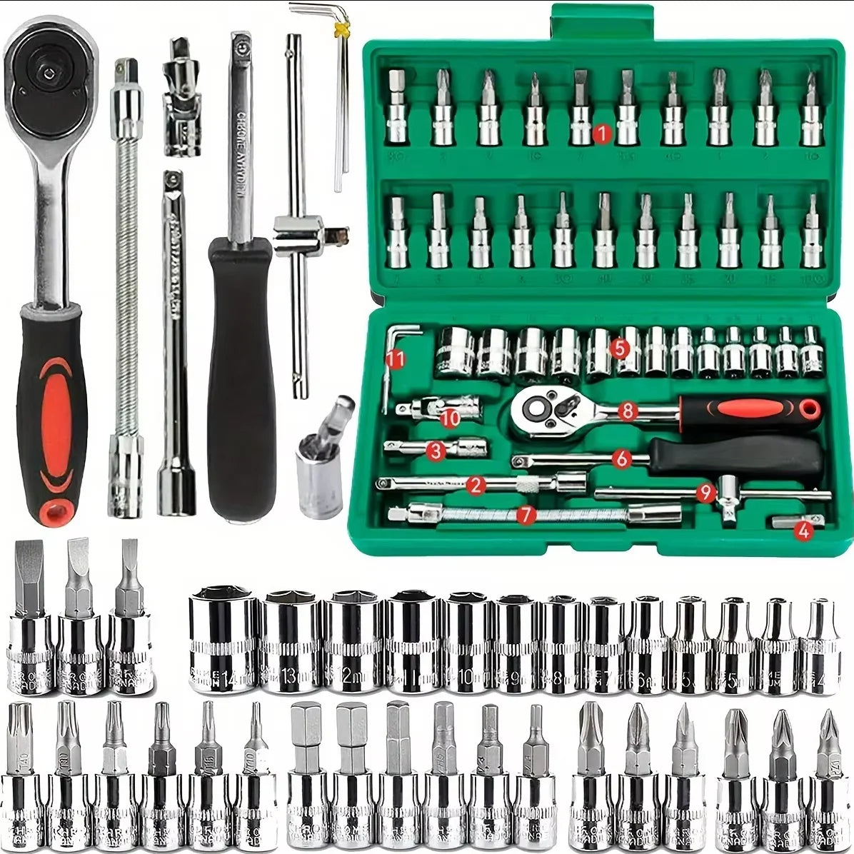 Family Mechanic Tool Kit for Auto Repair Household with Sockets Metric Hex Bit Socket Set Ratchet Wrench