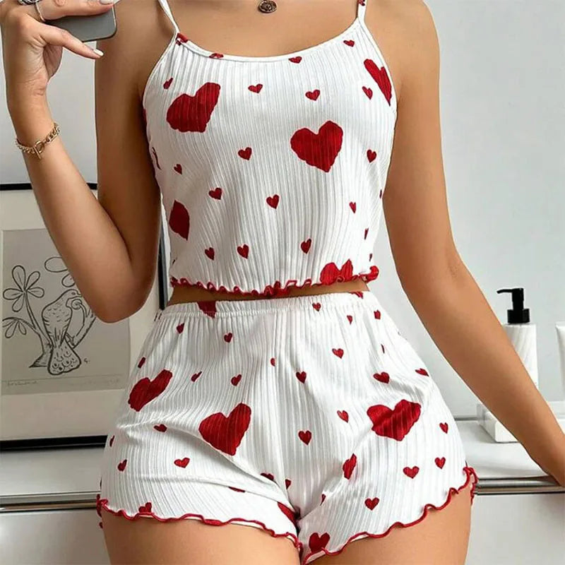 Women's Pajamas Set Sleepwear - White Short Tank Top and Shorts, Soft Breathable Casual Sleepwear with Print